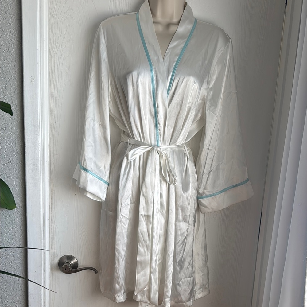 Elegant Bride White Satin Robe with Blue Trim